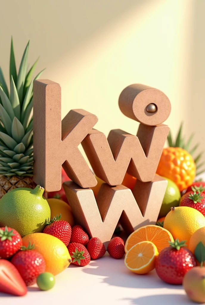 3D letter 'KW PANICH' representative, beautiful modern pattern. Each letter represents a coconut, surrounded by fruits, indicating modern Thainess. The image represents happiness and wonder. Suitable for taking realistic photos with high details.