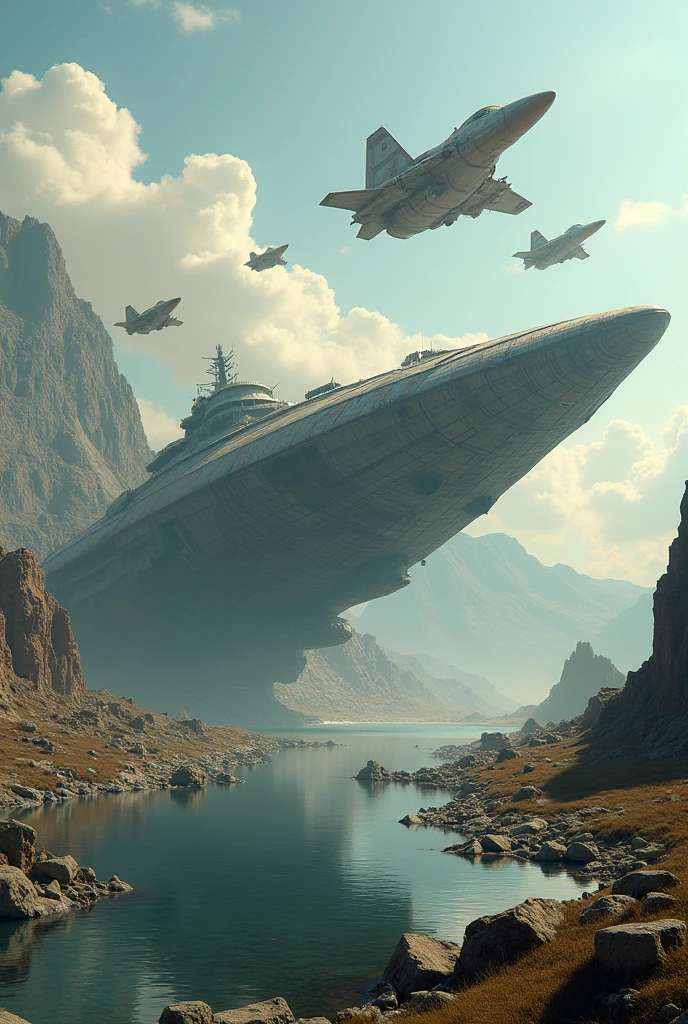 Huge fighter jets flying in the sky, Detailed crashed spaceship, Detailed spaceship, movie「Dune」Spaceship, Derelict spacecraft, Valkyrie fighter, flying scifi vehicle, レトロなSF Spaceship, Very detailed, Ancient crashed spaceship, SF Spaceship, Fallout Airplane Concept Art, 古代Spaceship、lake