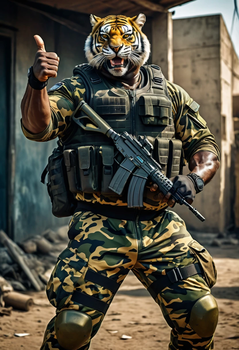(a dark-skinned fat muscular old man in a bulky army camouflage zipper diver suit) thumbs up pose, carrying an AK-47, (wearing a small-sized realistic roaring tiger mask), dynamic action pose, fierce expression, roaring, showcasing an imposing stature, surrounded by military elements, dramatic shadows and intense highlights, cinematic color tones, high detail, powerful, art influenced by Bruce Onobrakpeya and Stanley Artgerm, ultra-detailed, best quality image, action-packed atmosphere. field background