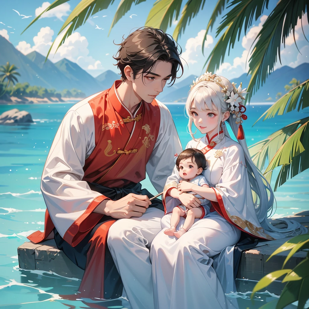 A one-year-old baby boy in an white ancient Chinese baby costume with his beautiful mother, dressed in an ancient Chinese costume, playing with each other, with his handsome father standing next to his mother, close up.
Sitting fishing By the blue sea Under the coconut tree Behind there are mountains, with low, lazily floating clouds.