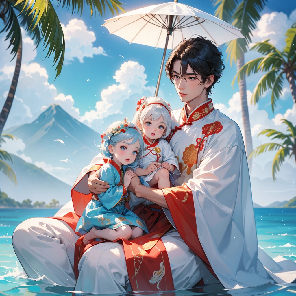 A one-year-old baby boy in an white ancient Chinese baby costume with his beautiful mother, dressed in an ancient Chinese costume, playing with each other, with his handsome father standing next to his mother, close up.
Sitting fishing By the blue sea Under the coconut tree Behind there are mountains, with low, lazily floating clouds.