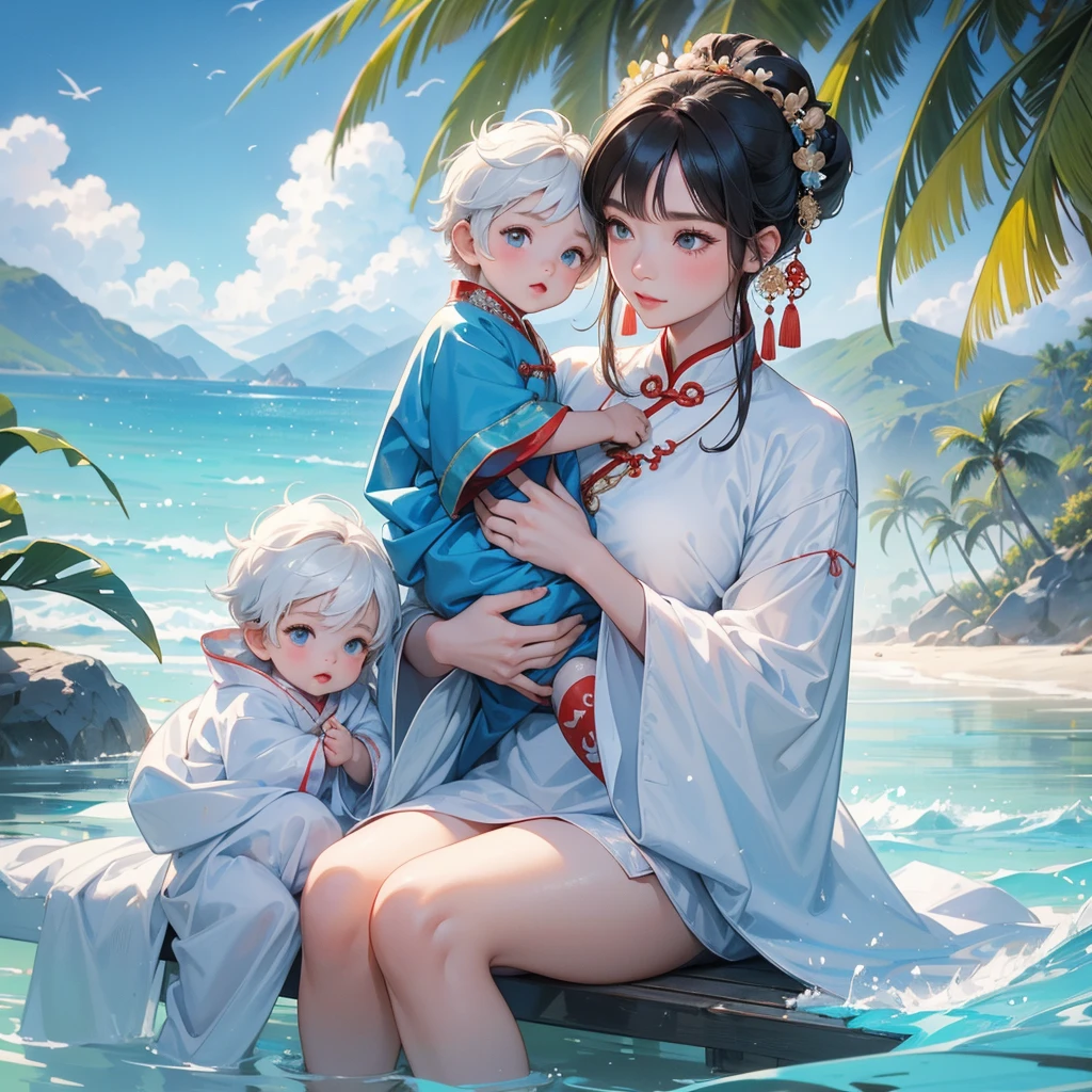 A one-year-old baby boy in an white ancient Chinese baby costume with his beautiful mother, dressed in an ancient Chinese costume, playing with each other, with his handsome father standing next to his mother, close up.
Sitting fishing By the blue sea Under the coconut tree Behind there are mountains, with low, lazily floating clouds.