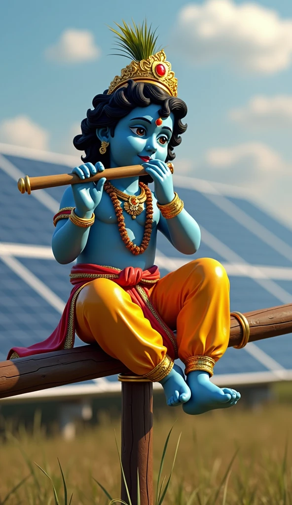 Lord Krishna, sitting on seesaw playing flute in background solar panels