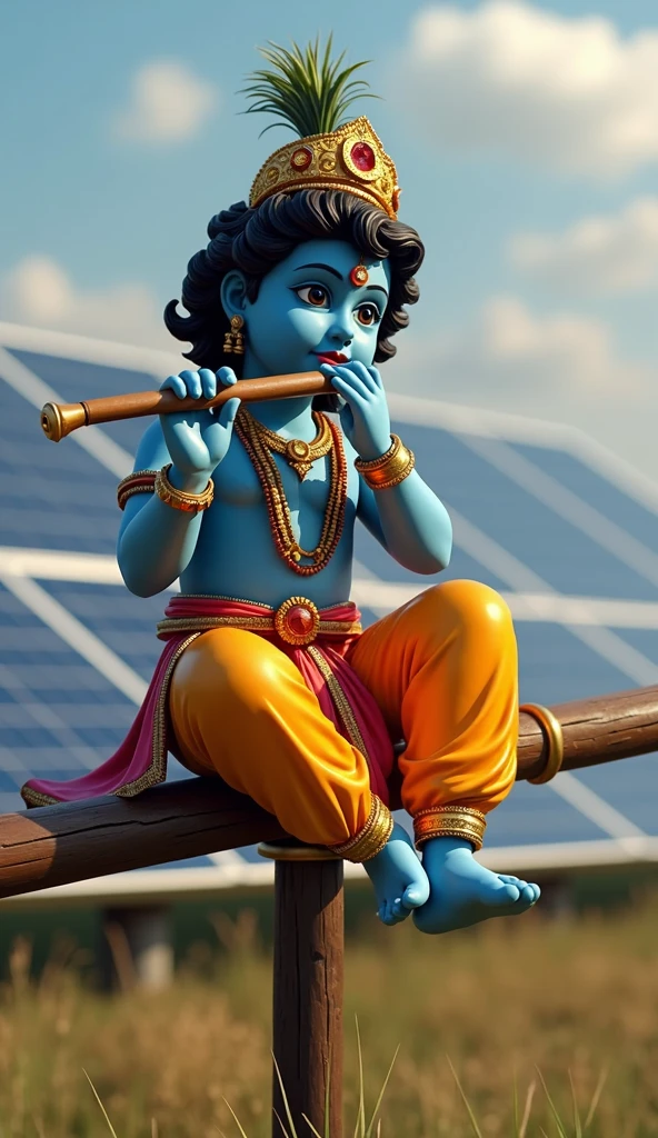 Lord Krishna, sitting on seesaw playing flute in background solar panels