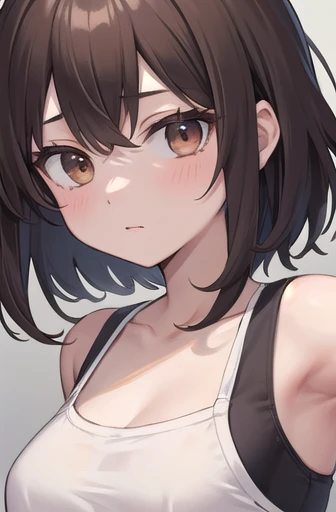 masterpiece, highest quality, 高精細CG Unity 8K,RAW photo, beautiful and detailed face, detailed hair texture, perfect body, beautiful face, Accurate, anatomically correct, Upper body, symmetrical eyes, stunned look, slender body shape, small breasts, beautiful clavicle, troubled eyebrows, light brown hair, short hair, messy hair, asymmetrical bangs, Bad mood, white tank top, self snap, From above, grinning eyes. Her mouth is wide open, (black eye),(white background)