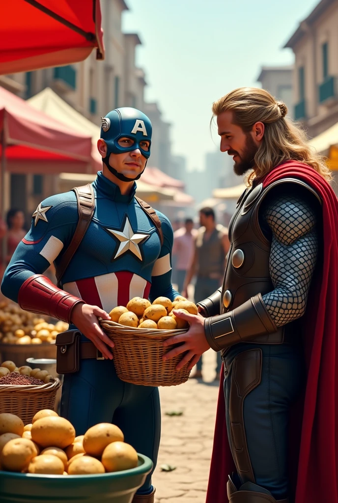 Captain America selling pateto at  village with thor