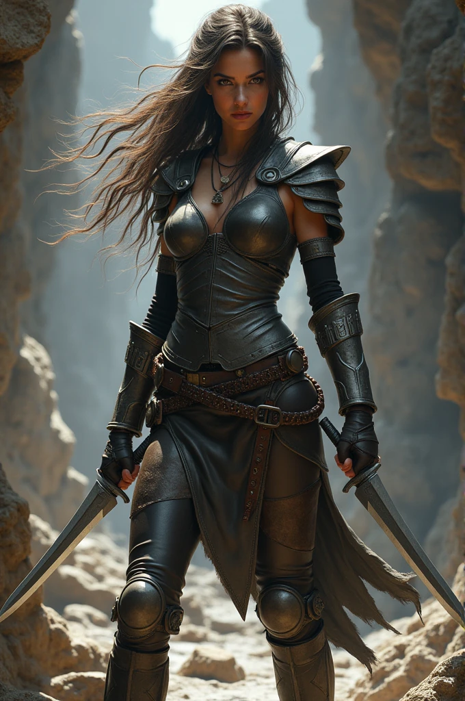 A woman in light armor with daggers in her hands 