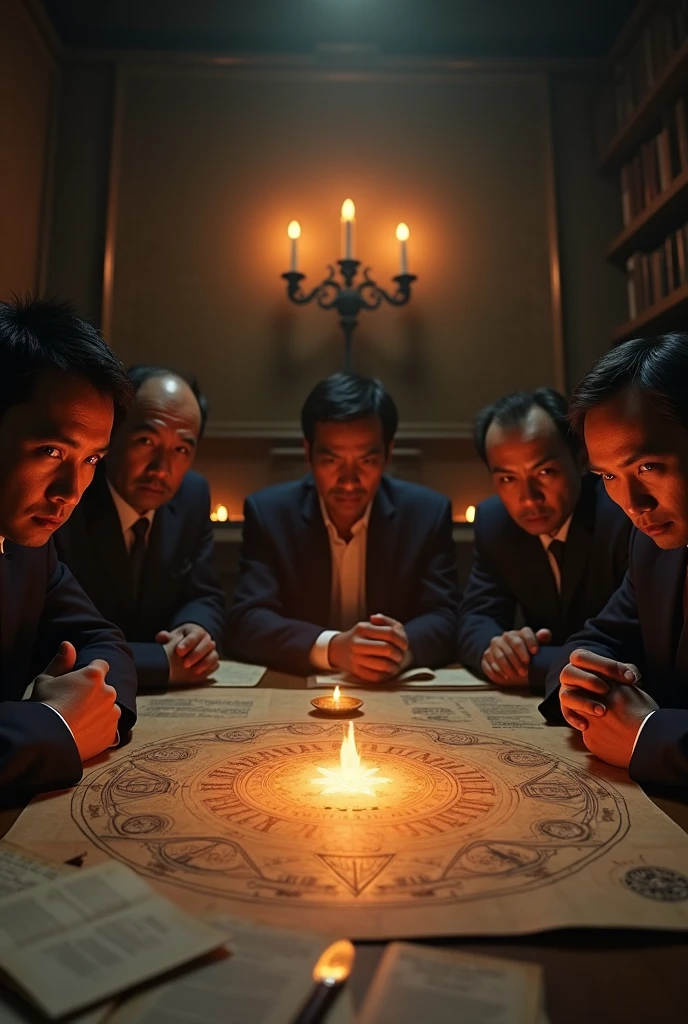 Close-up shot, Low angle shot, a candlelit room where five asian man sitting, their faces serious and determined, the table covered with maps, books, and a glowing mysterious symbol. in the background representing the Illuminati’s influence. The contrast between the calculated plotting and creates a sense of tension and mystery, leaving the viewer questioning the true nature of the Illuminati.) unreal engine, cinematic, hyper-real, highly detailed, Ultra realistic HD --q 2 --v 6.1 --ar 9:16