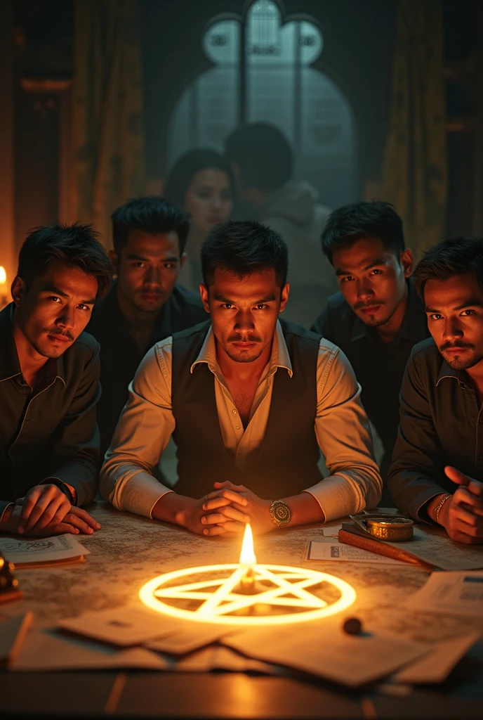 Close-up shot, Low angle shot, a candlelit room where five asian man sitting, their faces serious and determined, the table covered with maps, books, and a glowing mysterious symbol. in the background representing the Illuminati’s influence. The contrast between the calculated plotting and creates a sense of tension and mystery, leaving the viewer questioning the true nature of the Illuminati.) unreal engine, cinematic, hyper-real, highly detailed, Ultra realistic HD --q 2 --v 6.1 --ar 9:16