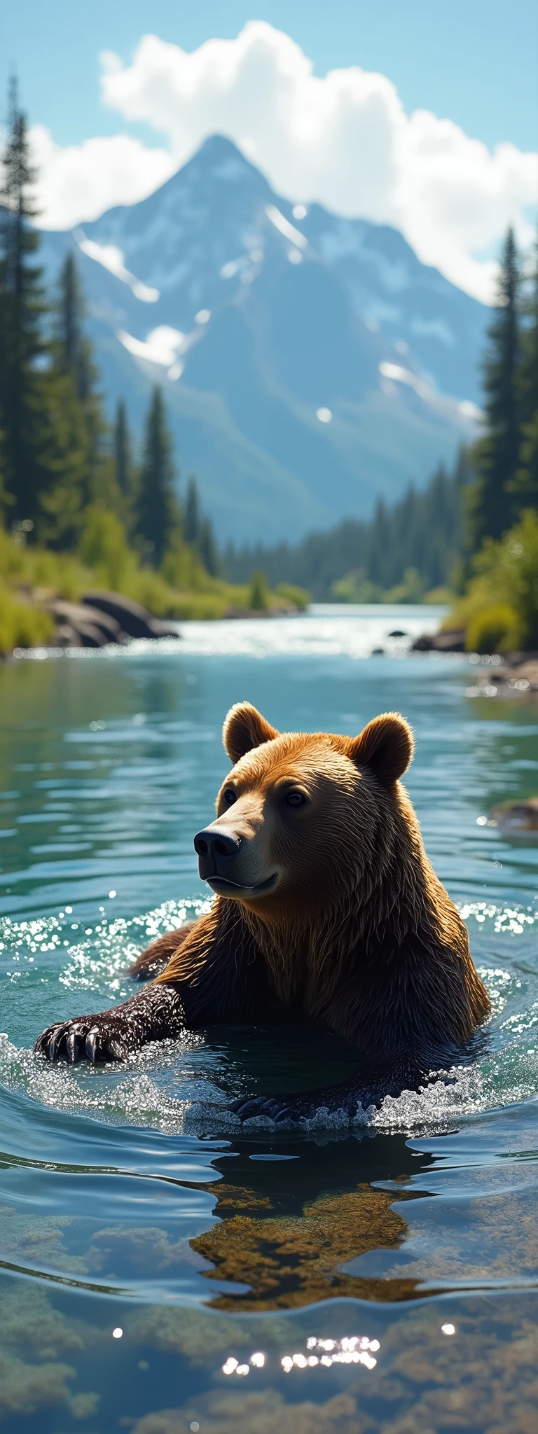 A big brown bear is sitting and bathing in a deep river in the summer wilds, very beautiful sparkling surface, crystal clear water, gravel and river fish on the river bottom, beautiful alpine mountains in the distance, beautiful birds singing in the trees on the riverbank