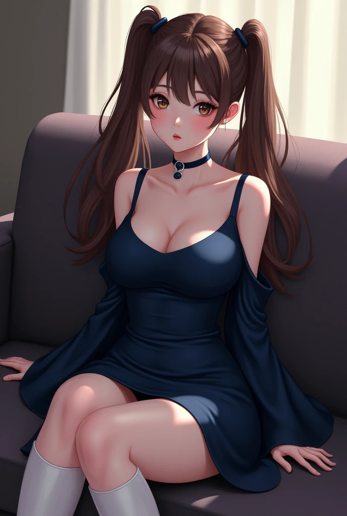 tall girl, pale skin, brown hair with dual ponytails, dark blue bodycon, dark blue bell sleeves, white boots, sitting on a couch, fanart