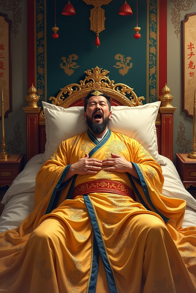 The emperor, with his golden dragon robe, laying in bed, vomit blood. He screaming. Chinese style 