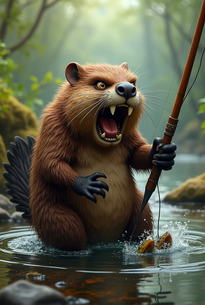 Angry beaver holding a fishing rod