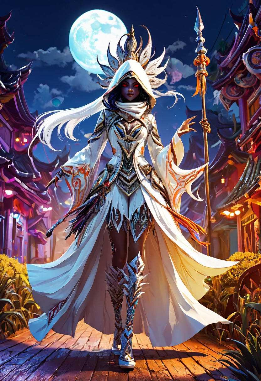 A medium quality illustration of "White Reaper, HarlequinPunk, Jaehra, panjang penuh" in a colorful, vibrant, fantasy style, character design, detailed, dynamic poses, anime-inspired, fantasy creatures, digital art, trending on social media, high detail, magical, intricate patterns, 4k.