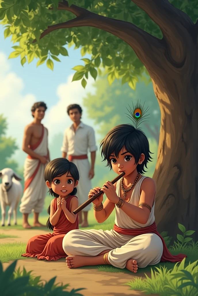 One boy pick flute and sit here tree and  upper no dress hair put a peacock hair medium hair and down dress Indian look and any cow and background village 
close sit boy here one girl and two man medium size