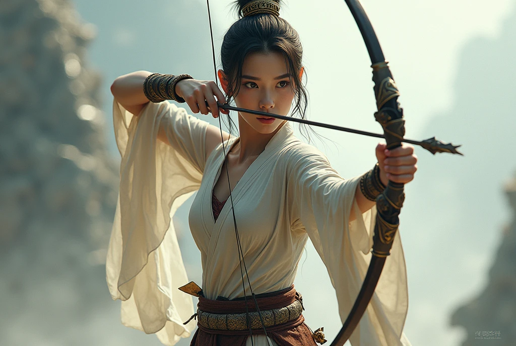 Front view , Chinese Female Warrior, (girl is drawing a bow and arrow), Showcasing oriental archery style:1.3)(Surrealism, 超High resolution, retina, Accurate, masterpiece, Anatomically correct, Textured skin, Super Detail, Attention to detail, Highest quality, High resolution)