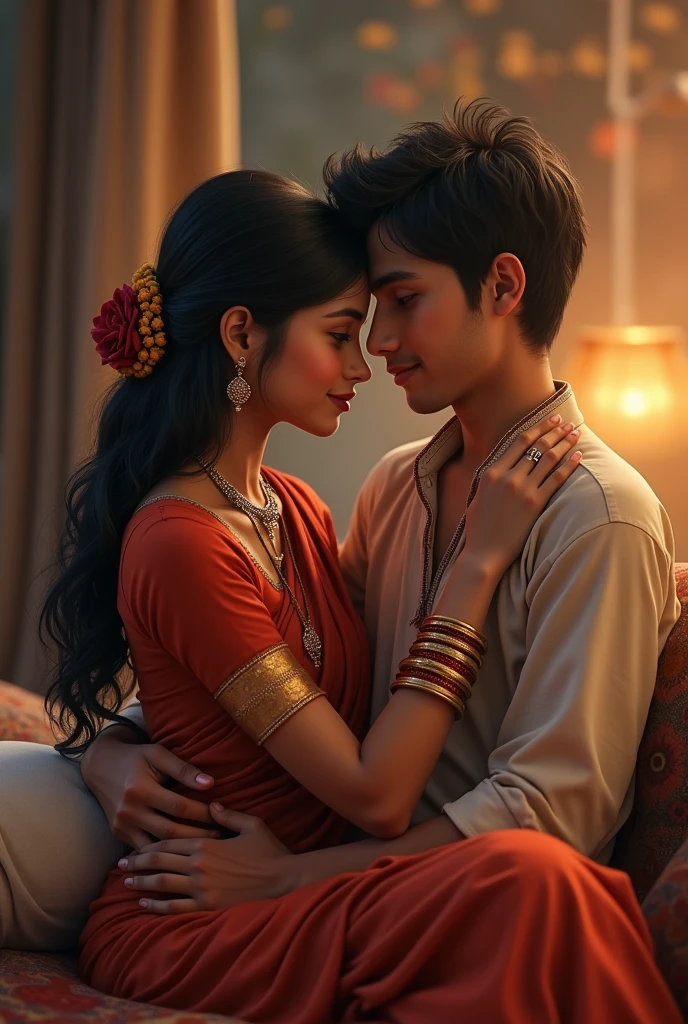 A married Hindu girl with shakha,sindur, is sitting on the lap of a Muslim boy