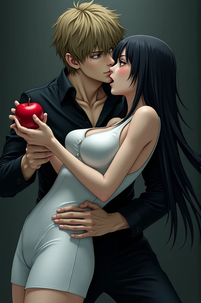 Light yagami death note , holding a girl with long black hair and brown eyes and white skin, which wears a white dress tight to her body, while holding her by the hips forcing her to eat a red apple