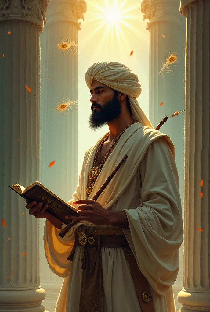 The sun should shine instead of your face, you should have a book in one hand and a flute in the other. There are peacock feathers in the background and there are pillars standing like heaven.Instead of a girl, we want a man who has a strong body and a turban on his head.