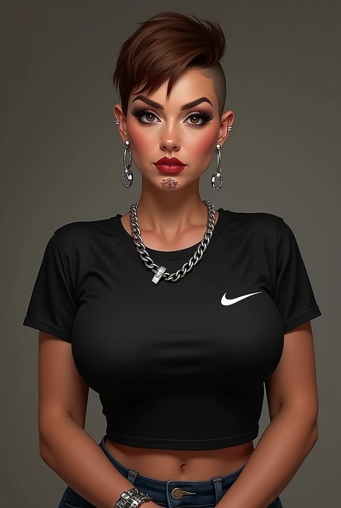A 3 curvy woman with short brown hair shaved on the sides. she has big breasts. Des écarteurs aux oreilles et une chaine en argent autour du cou avec deux bagues accrochées dessus. She has a scar under her lower lip. Wear a black nike t-shirt