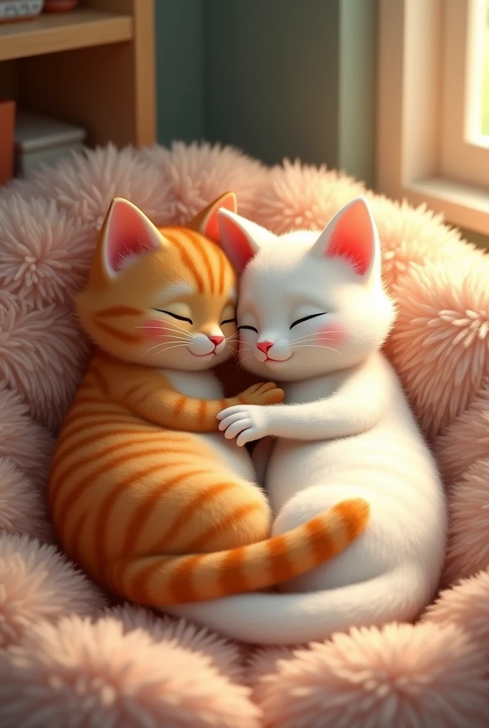 Moti brown cat band Sona white cat Moti and Sona Napping Together: The two cats curled up next to each other in a comfortable corner, peacefully napping, showing their close bond Pixar style 
