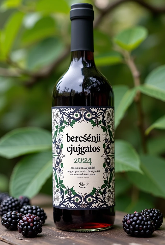 Bottle-label with Hungarian folklore pattern with some black mulberry. In the middle the following text: "Bercsényi Cjujgatos 2024.", below it with smaller letters: "collected, cooked it, bottled it: The gardeners of the Bercsényi Community Tankert.