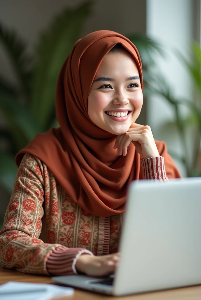 Generate  a very  beautiful hijabi  girl  and  work ing laptop  an good  smile full image  