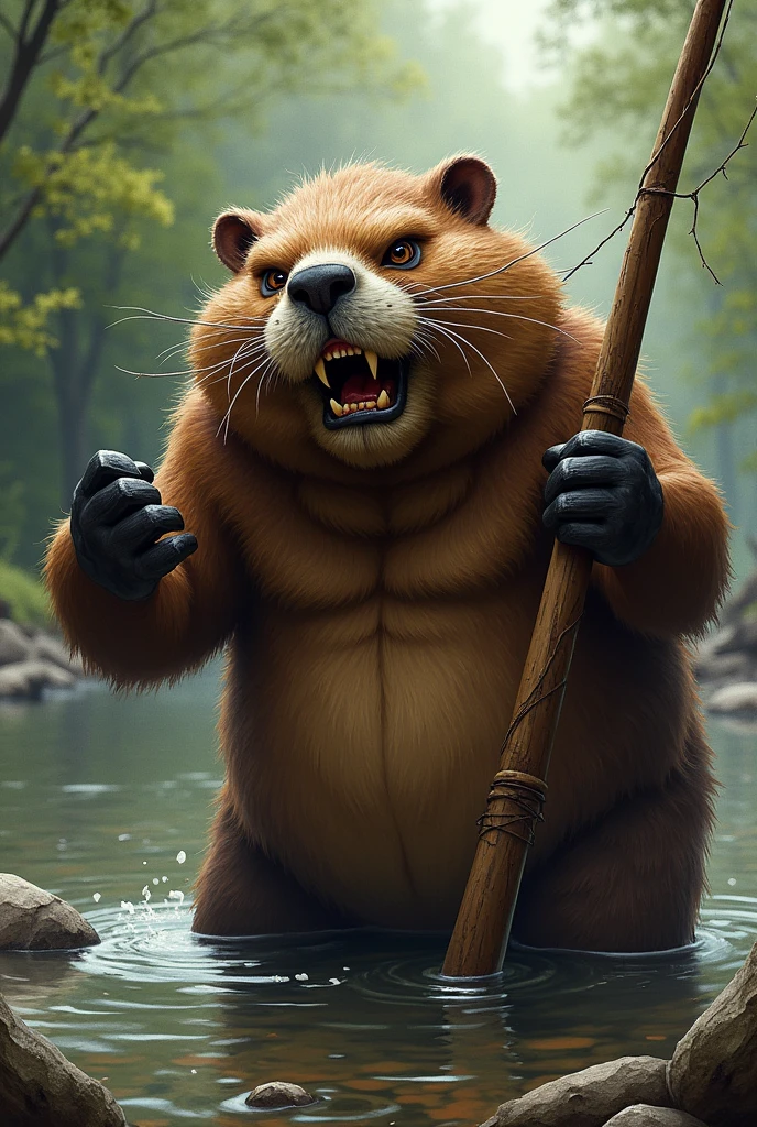 Angry beaver holding a rod