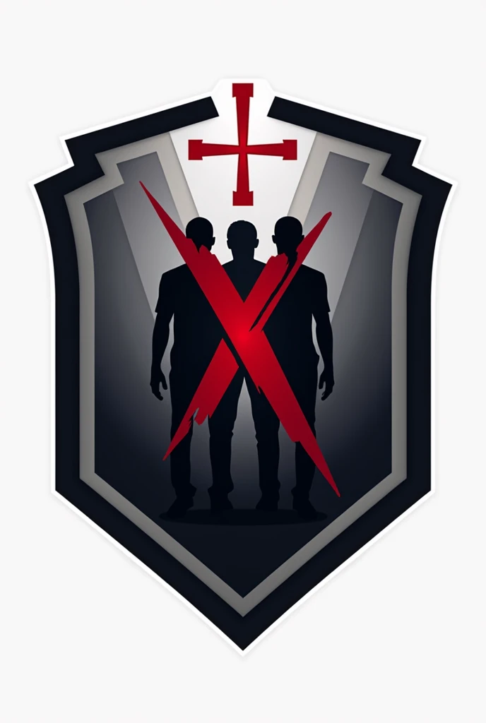 Tim esports logo, Shield-shaped logo with clean, modern lines. In the center of the shield, there is a silhouette of two people standing side by side, symbolizes a couple. Behind them, there is a faint shadow of a third figure, whose position is slightly lower and seems to be trying to peek or get closer to the couple.Around the shield, There are bold line accents that give a strong and sturdy impression.. The main color can be predominantly black or metallic gray., with a red accent for the large cross above the third figure, signifies rejection and assertiveness. This logo is created without too many small details to keep it looking clean and easily recognizable., like the logos of big teams.The &#39;Anti-Hero&#39; name text can be added below or around the shield in a bold, modern font., ensuring that this logo remains professional and solid looking.