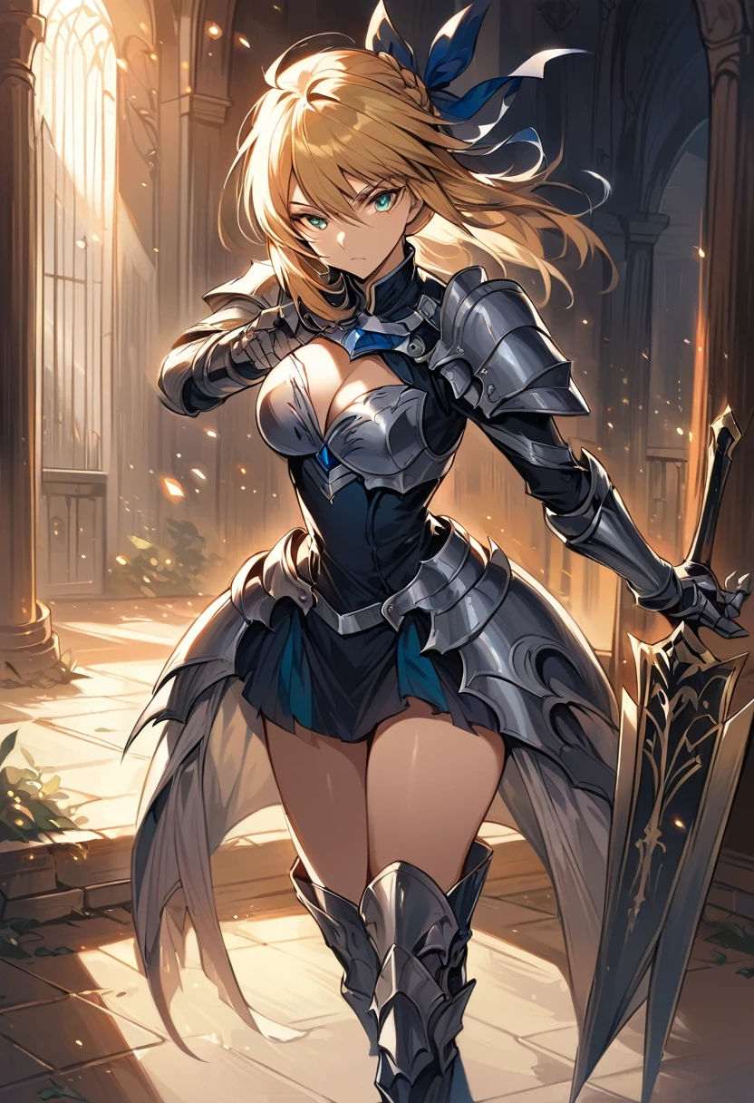 score_9, score_8_up, score_7_up, score_6_up, source_anime, BREAK Anime - Stylistic image of Artoria Pendragon (braid, short dress, ribbon, hair ribbon, armor, gauntlets, armored dress, boots:1.2), BREAK cleavage, (action stance with sword:1.3), BREAK Kushatt Krenz Key Art Women, Extremely detailed Artgerm, Artgerm on ArtStation Pixiv, BREAK Epic light novel art cover, gorgeous female paladin, trending on artstation pixiv, Portrait Chevaliers du Zodiaque Fille, BREAK inside dimly lit spooky mansion, midnight, shallow depth of field, BREAK highly detailed, bokeh, moody, epic, gorgeous, grainy, BREAK (ultra-detailed), (best illustration), (best shadow), (absurdres), (detailed background), (very aesthetic).