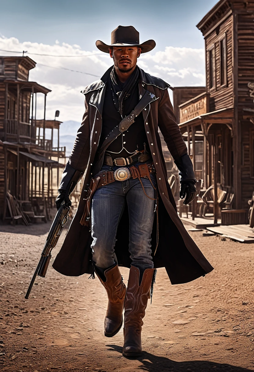 A four armed cowboy cyborg, cowboy hat, leather duster, guns, mechanical body, cowboy boots, gunslinger, walking down the middle of a ghost town, shootout with bandits, best quality, 8k, highres, masterpiece, ultra-detailed, realistic, photorealistic, studio lighting, extreme detail description, professional, vivid colors, concept art, dramatic lighting, cinematic, gritty, moody