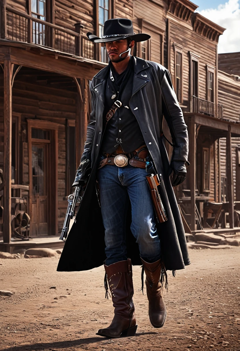 A four armed cowboy cyborg, cowboy hat, leather duster, guns, mechanical body, cowboy boots, gunslinger, walking down the middle of a ghost town, shootout with bandits, best quality, 8k, highres, masterpiece, ultra-detailed, realistic, photorealistic, studio lighting, extreme detail description, professional, vivid colors, concept art, dramatic lighting, cinematic, gritty, moody