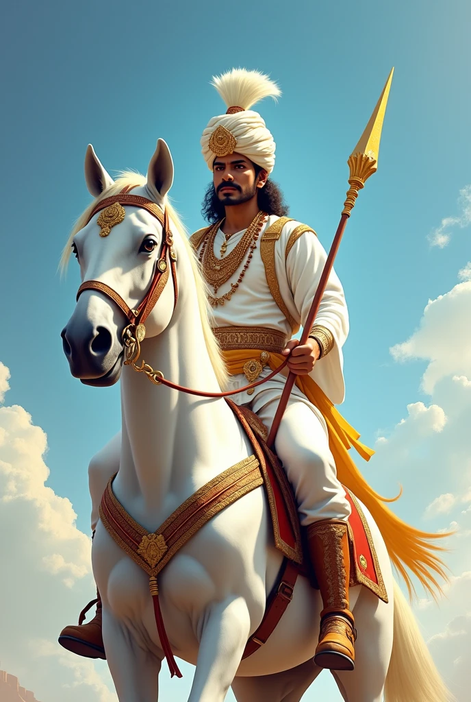 वीर तेजाजी महाराज जिनके सिर पर राजस्थानी पगड़ी है और हाथ में चमकता हुआ भाला है सफेद वस्त्र धारण किए हुए पैरो में चमकती हुई जूती है सफेद घोड़े पर बैठे है और उनके मुख पर केवल मूछ है नीला आसमान है
