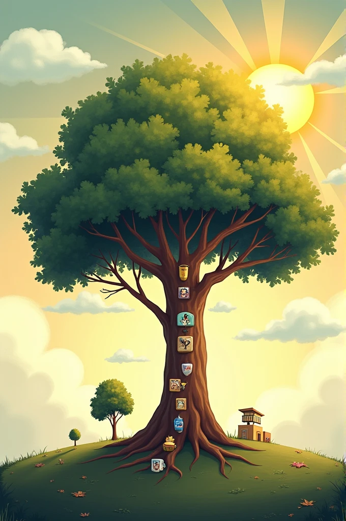 Imagery: Picture a large, robust tree with different branches representing various life stages. The base shows a small seedling, gradually growing into a young sapling, then a mature tree with a full canopy. Along the trunk, there are subtle symbols or icons (like graduation caps, family photos, or career tools) (make the icons visible and clear for better representation) indicating different milestones.
Setting: The scene is set in a serene environment with the sun rising in the background, symbolizing new beginnings, and gentle clouds representing challenges and support.