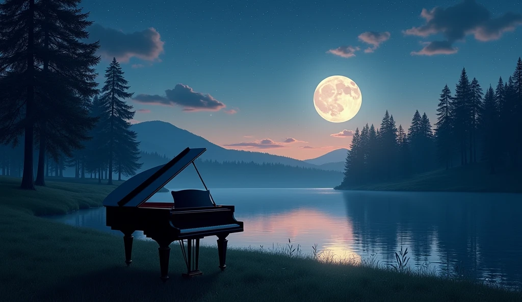 With a serene lake in the foreground, surrounded by tall evergreen trees, it creates a peaceful nightscape. The sky is filled with stars and a full moon casts a soft light on the landscape. The sky's color shifts from deep blue to soft purples and pinks near the horizon, and reflections of the sky and trees clearly appear on the surface of the water, adding to the serene scene. A sophisticated black grand piano is placed on the lawn by the lake, overlooking the water, adding an elegant and mysterious touch to the tranquil setting. The grand piano is illuminated by moonlight. Dawn is gradually breaking.
Translated with DeepL.com (free version)