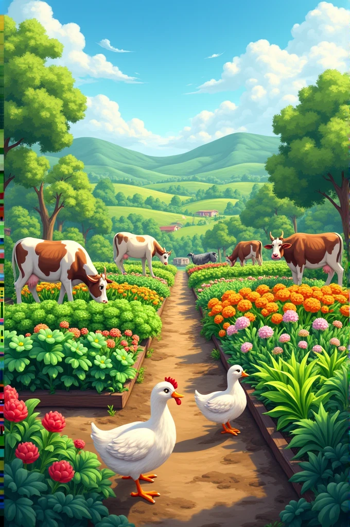 Vegetable garden,there are cows,chicken,kambing,duck