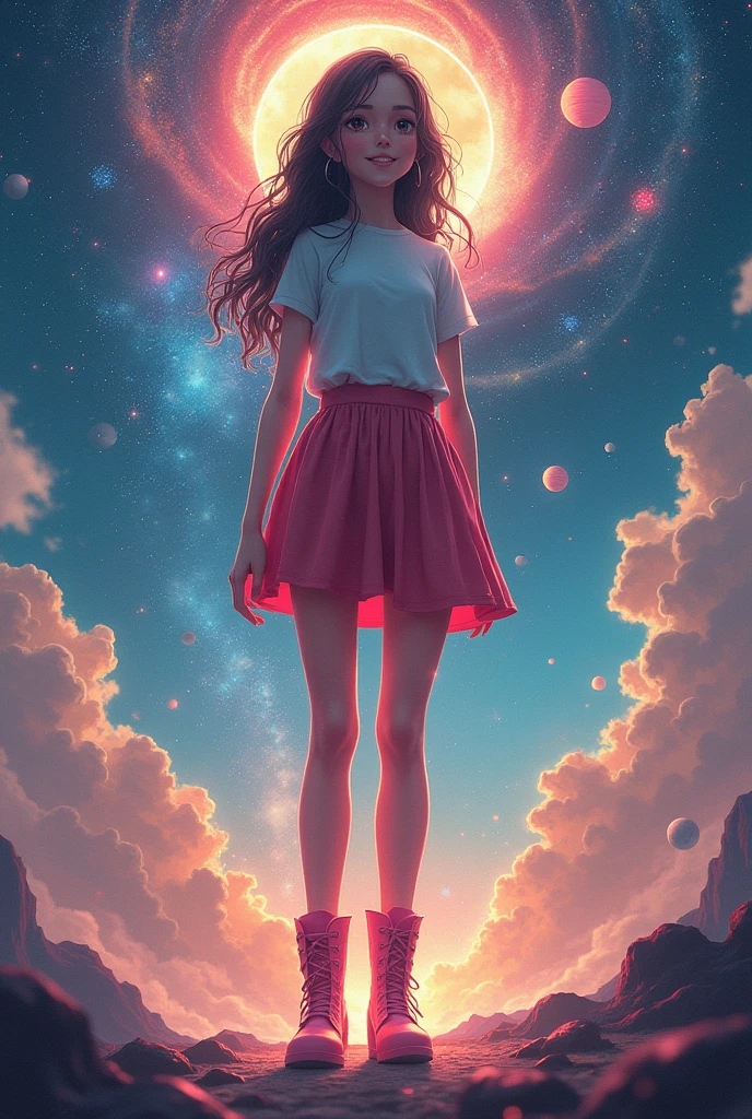 A girl she is she has a white t-shirt a red skirt pink boots and she is a giantess galaxy