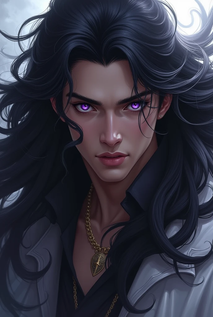 Close-up of a man with black hair, a black-haired deity, by Yang J, with black hair, handsome guy in demon killer art, Guvitz, Guvitz style artwork, handsome, long black hair, by fanci, cloud-like black hair, beautiful figure painting, black hair, eyes purple, with sowrd