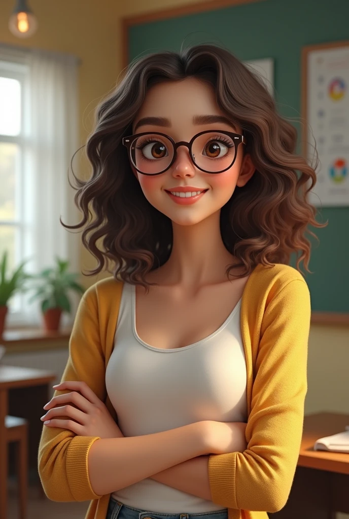 Cute teacher, slim figure, wearing round glasses, mid length curly hair, semi hooded eyes, smiley face