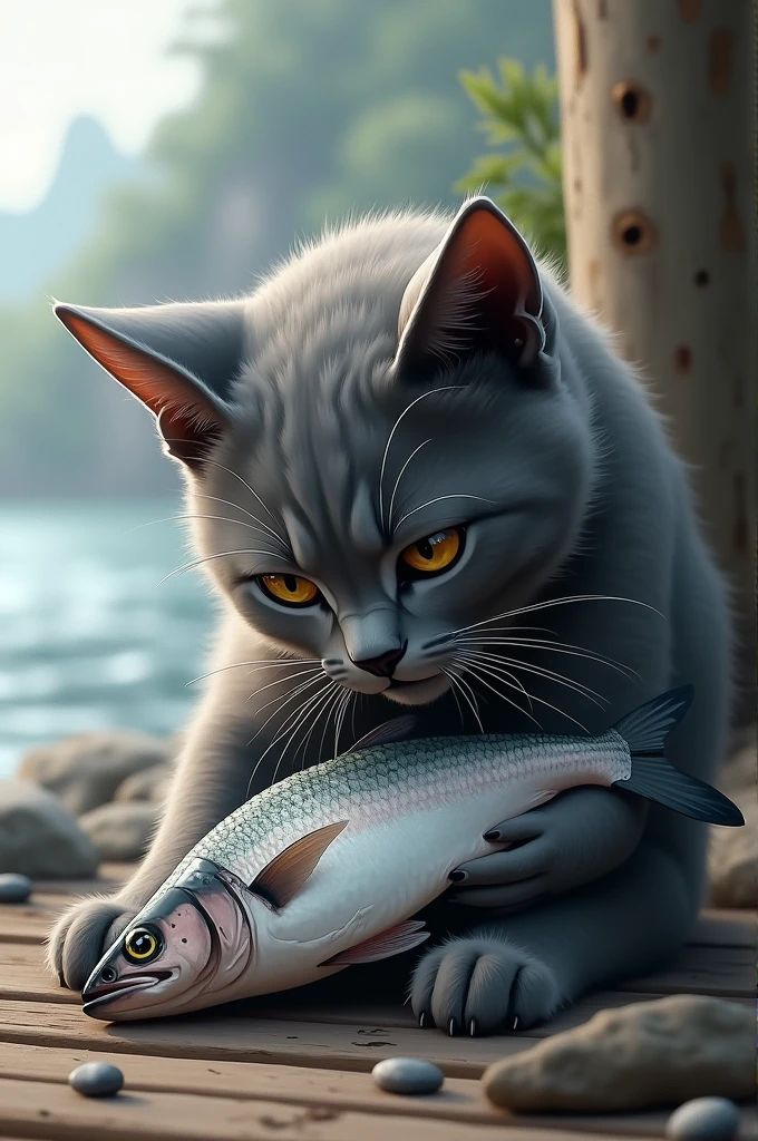 Gray cat eats mackerel