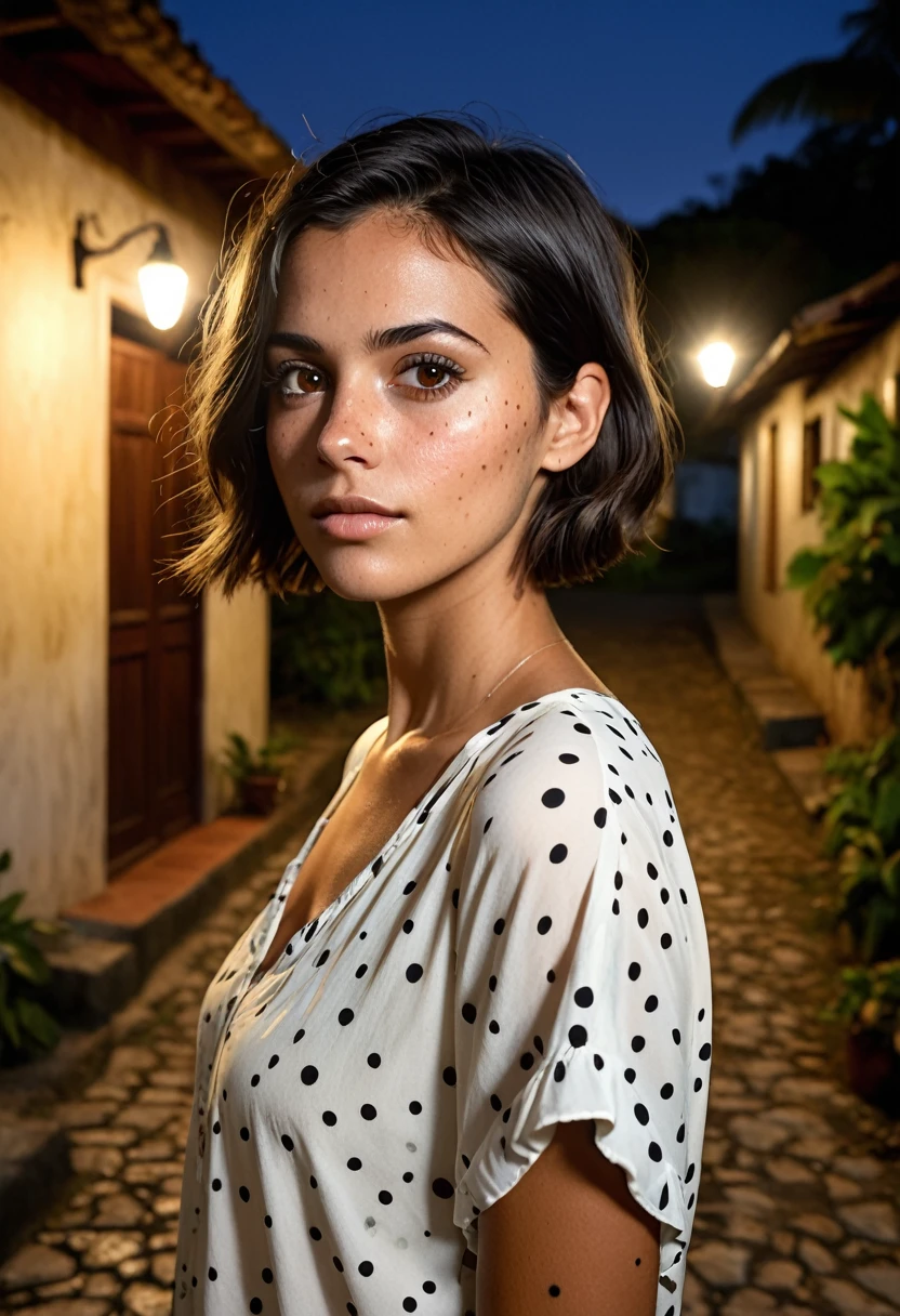 young brazilian woman, ( young man alone), short-haired , short black hair, brown dark eyes, ((Brazilian face)) , spots on the skin, few spots on the face, not looking at the camera , wearing a big blouse , short cut, (((Brazilian-style))) background lights, outside the house , old house, (((ultra realisitic))) 