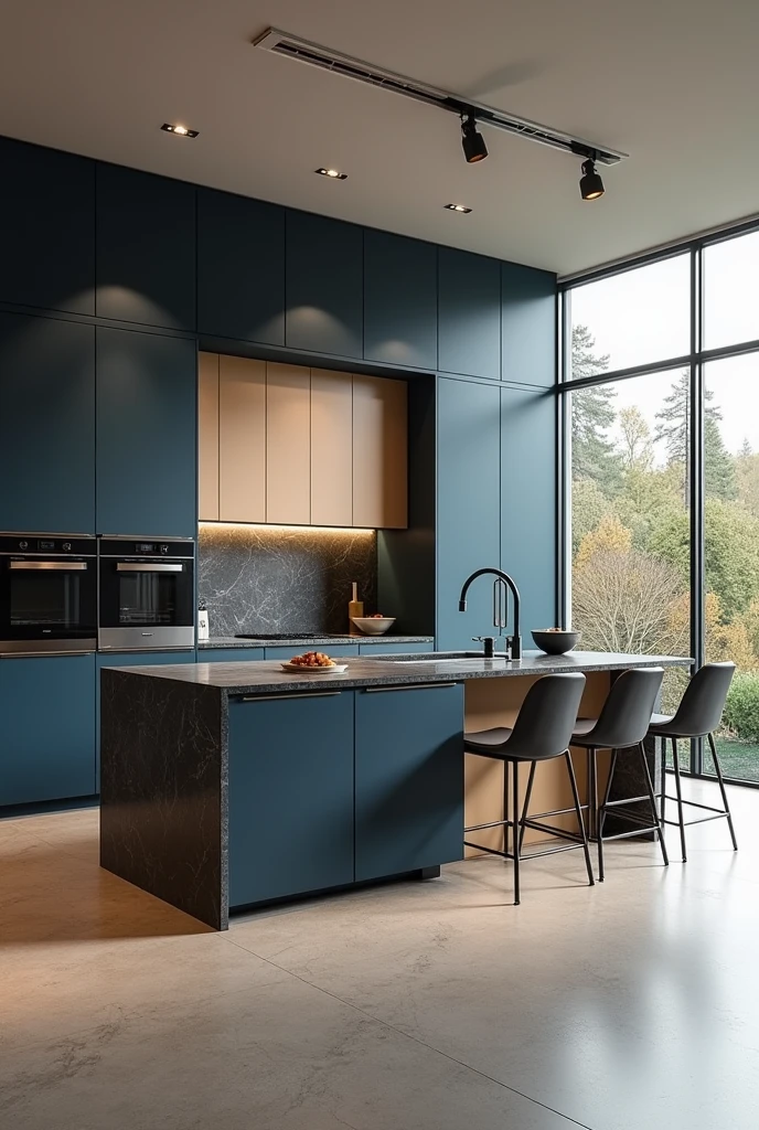 Professional 3d architecture rendering design of modern and minimal kitchen with so dark vintage blue and dark beige cabinets and modern windows and so dark gray marble slab stone island and black modern dark silver chairs