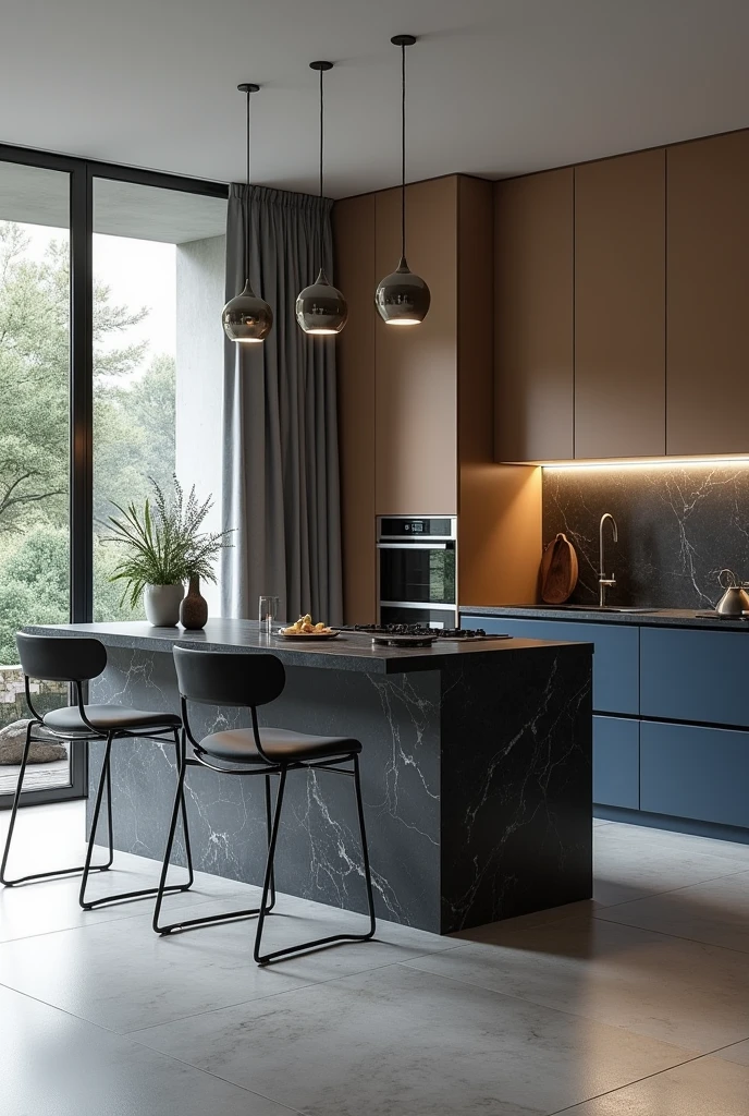 Professional 3d architecture rendering design of modern and minimal kitchen with so dark vintage blue and dark beige cabinets and modern windows and so dark gray marble slab stone island and black modern dark silver chairs