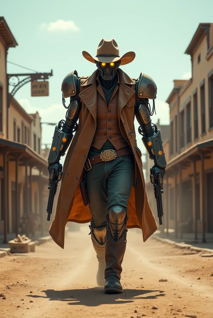 A four armed cowboy cyborg (lit eyes, cowboy hat, leather duster, guns, obviously mechanical. cowboy boots), gunslinger walk down middle of a ghost town, shootout with bandits