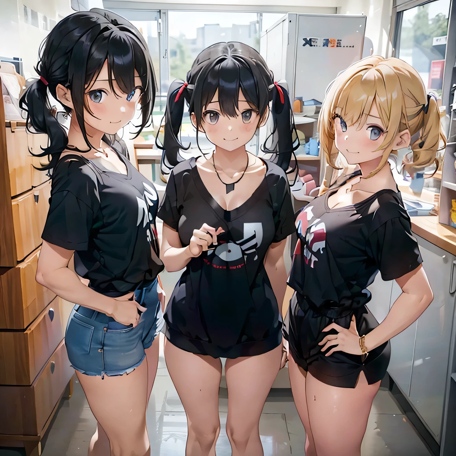 ((highest quality)), ((masterpiece)), (3 girls:1.5), Three cute girls are posing for the camera indoors。, (shirtを持ち上げる:1.3), (three people standing in a row), (Close-up shot from the waist up), (open your mouth and smile:1.3), ray tracing, ((topless)), (), nipple, chest, hair band, head band, hair bobble, blouse, shirt, (high resolution face:1.5), (High definition finger 1.5), ((No panties)), Pussy, No skirts, Asian, Westerners, silver hair, brown hair, blonde, (belly button), jewelry, looking at the viewer, necklace, long hair, short hair, (abs),(written boundary depth), 