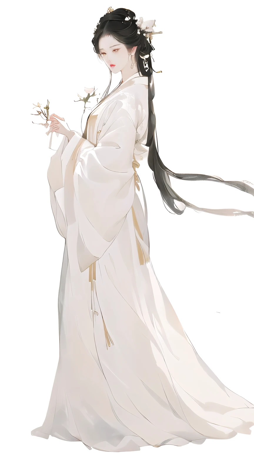 Wearing a white dress、Arav woman holding flowers, Long flowing hair and robes, flowing white robe, White Hanfu, palace ， Girl wearing Hanfu, flowing white robe, wearing Flowing robe, Flowing robe, Produced in collaboration with Anime Painter Studio, Inspired by Zhao Yuan, Inspired by Lv Ji, Wearing a robe, heise jinyao