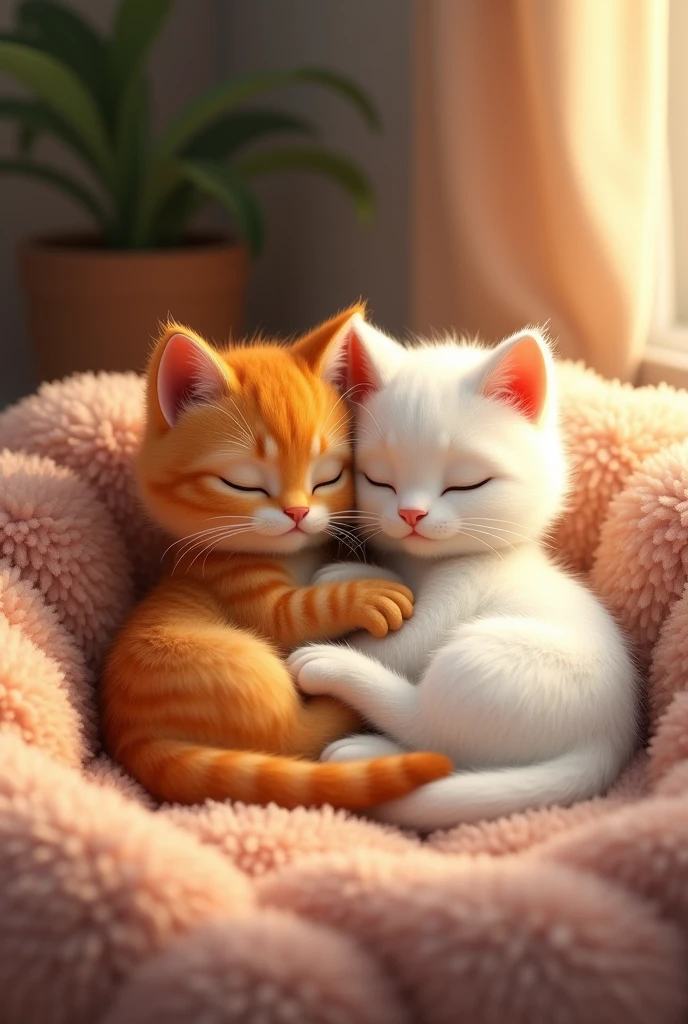 Moti brown cat band Sona white cat Moti and Sona Napping Together: The two cats curled up next to each other in a comfortable corner, peacefully napping, showing their close bond Pixar style