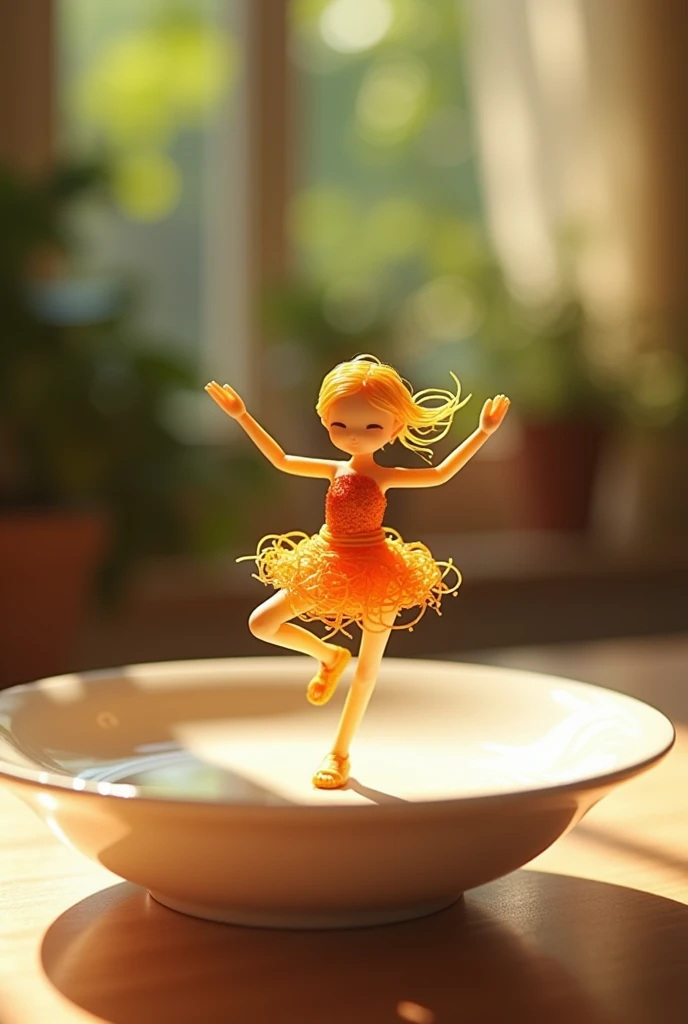 A whimsical miniature figure composed of delicately arranged noodles, poised in a carefree dance on the rim of a plate, white shiny plate, set on a table, vibrant kitchen backdrop, where dappled sunlight filters through the canopy above, casting intricate shadows. The overall aesthetic is ethereal, with warm, earthy tones of sienna, umber, infused with hints of emerald and golden light, evoking a sense of wonder and enchantment, as if plucked from a fantastical realm. Luma Labs Ai prompt - " A human like figure made of noodles dancing.
