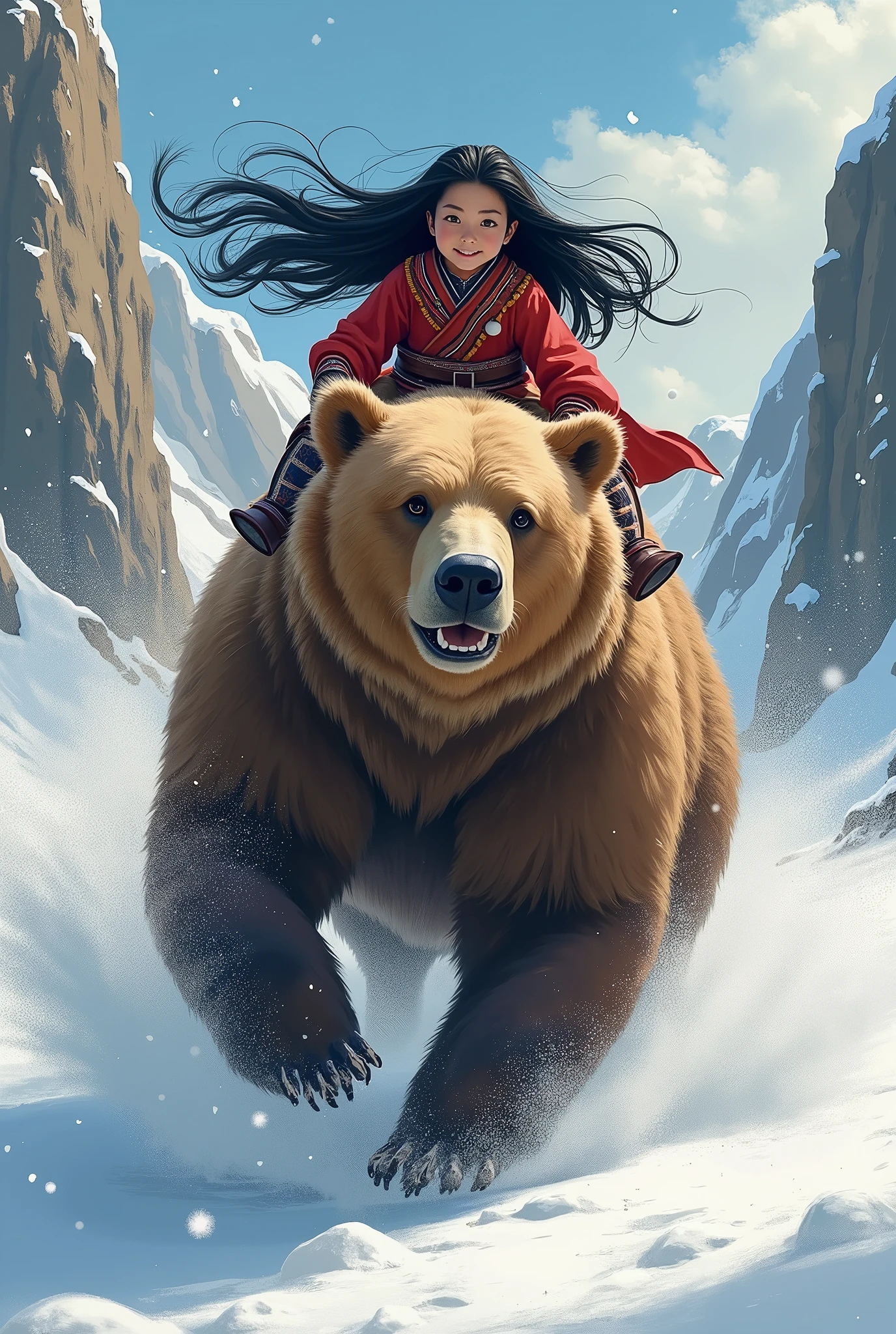 girl\(long black hair, Ainu folk costume, smiling,white skin\) sitting on a big brown bear running at great speed through the wilderness\(snowy mountains\) of Hokkaido,dynamic camera angle, powerful composition, concentrated lines, scattered snow,great land scape