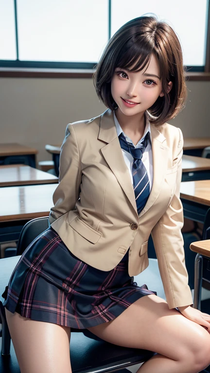 Product quality,1 person,Low Angle,(Realistic),Young and cute Japan,Daytime, ((High school classroom:1.2)),Schoolgirl uniform,blazer,tie,Plaid,Blue Micro Mini Skirt,Very cute face,Glossy Lips,Beautiful big eyes,Brown eyes,Double eyelids on both eyes,(Natural Makeup),Shiny smooth short hair、Brunette Hair,Asymmetrical bangs,Center image,8k resolution,Attention to detail,Detailed hairstyle,Detailed face,Cinema Lighting,Octane Rendering,Ultra-realistic,Perfect limbs,Beautiful feet,Slim thighs,((Bust A cup)),Perfect Anatomy,Bold sexy pose,Burning idol pose、Showing teeth、smile